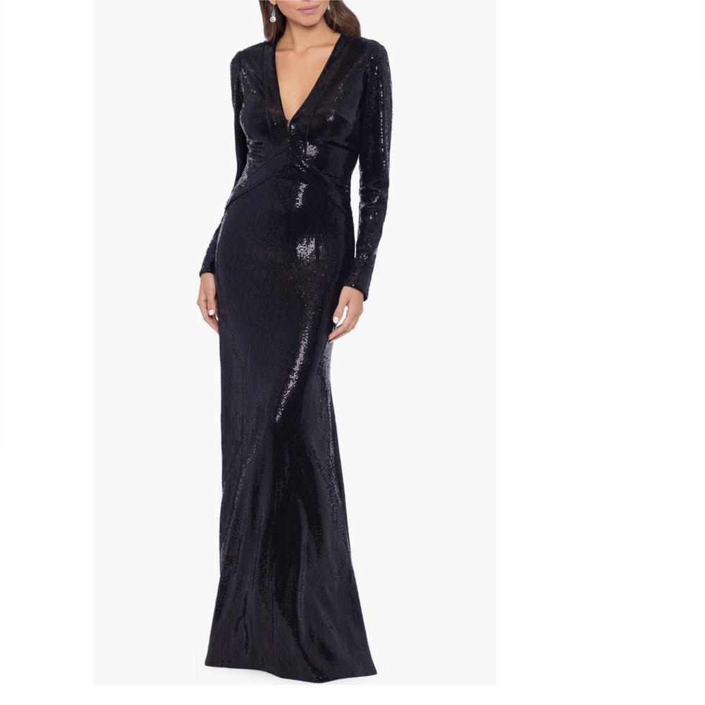 Betsy & Adam Shimmer Open Back Long Sleeve Gown